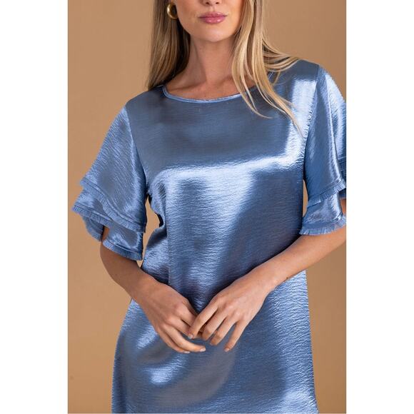 S'EDGE Easton Dress Metallic Blue Sateen Size Small NWT Tiered Short Sleeves - Picture 3 of 15
